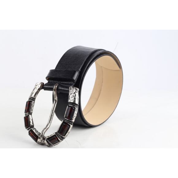 Black Leather Wide Waist Belt Size 95 Jeweled Buckle Statement Dress Belt
